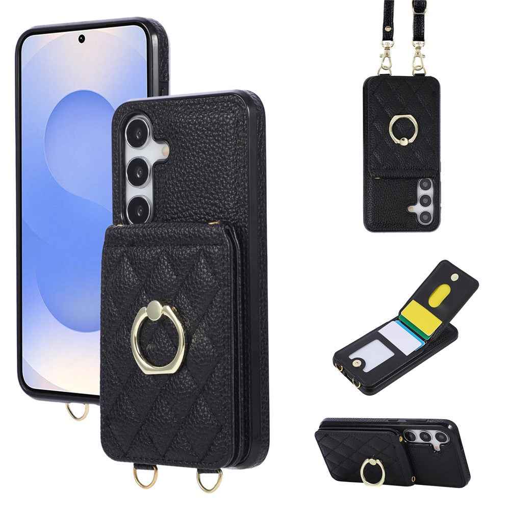 For Samsung Galaxy A57 5G Case Vertical Flip PU Leather TPU PC Phone Cover with Ring Holder and Shoulder Strap - Black