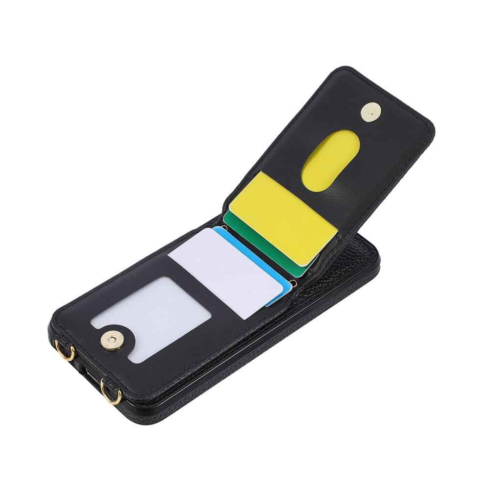 For Samsung Galaxy A57 5G Case Vertical Flip PU Leather TPU PC Phone Cover with Ring Holder and Shoulder Strap - Black