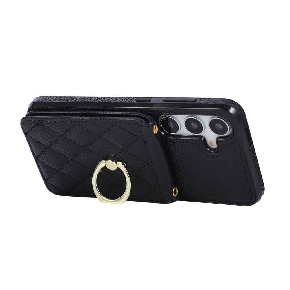 For Samsung Galaxy A57 5G Case Vertical Flip PU Leather TPU PC Phone Cover with Ring Holder and Shoulder Strap - Black