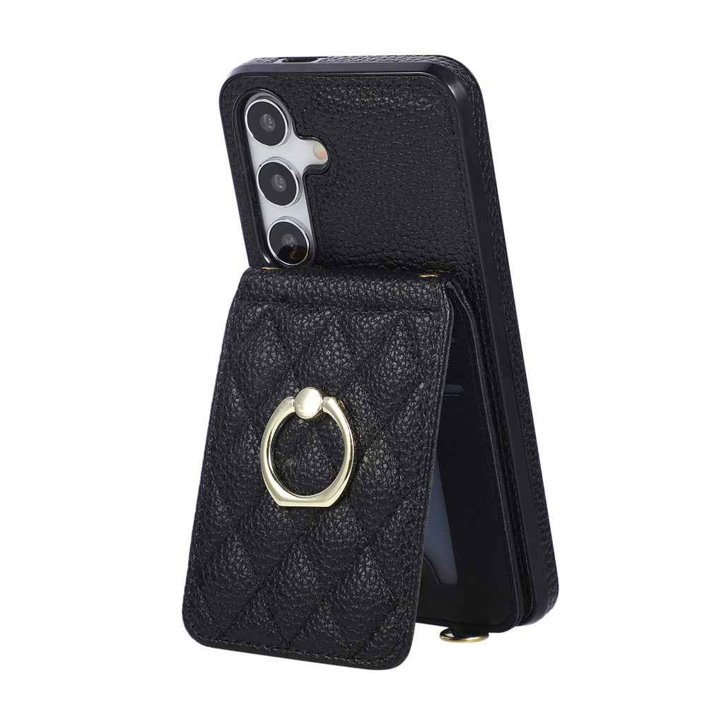 For Samsung Galaxy A57 5G Case Vertical Flip PU Leather TPU PC Phone Cover with Ring Holder and Shoulder Strap - Black