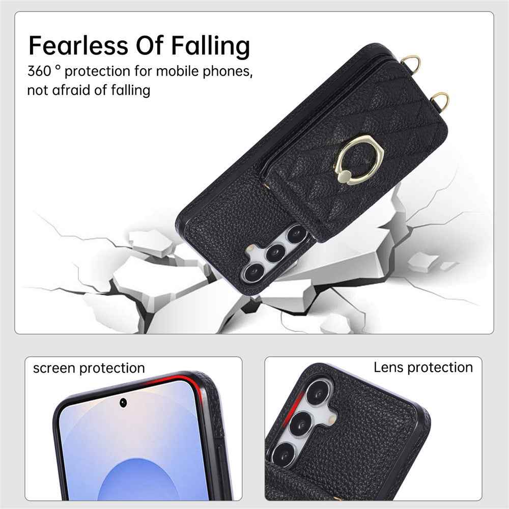 For Samsung Galaxy A57 5G Case Vertical Flip PU Leather TPU PC Phone Cover with Ring Holder and Shoulder Strap - Black
