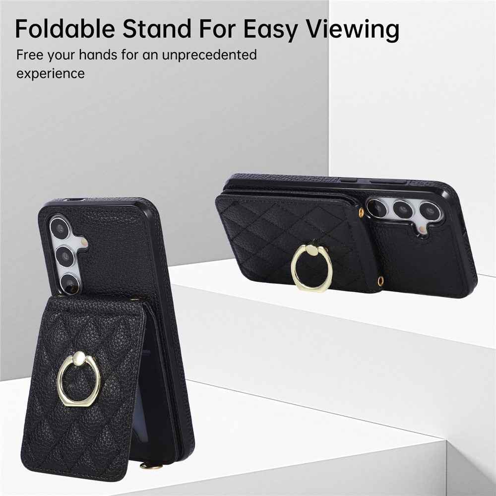 For Samsung Galaxy A57 5G Case Vertical Flip PU Leather TPU PC Phone Cover with Ring Holder and Shoulder Strap - Black