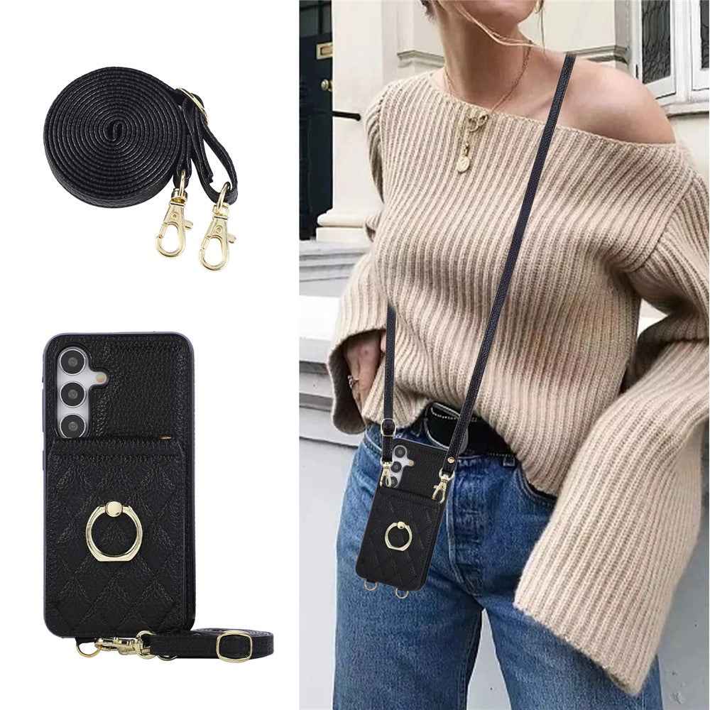 For Samsung Galaxy A57 5G Case Vertical Flip PU Leather TPU PC Phone Cover with Ring Holder and Shoulder Strap - Black