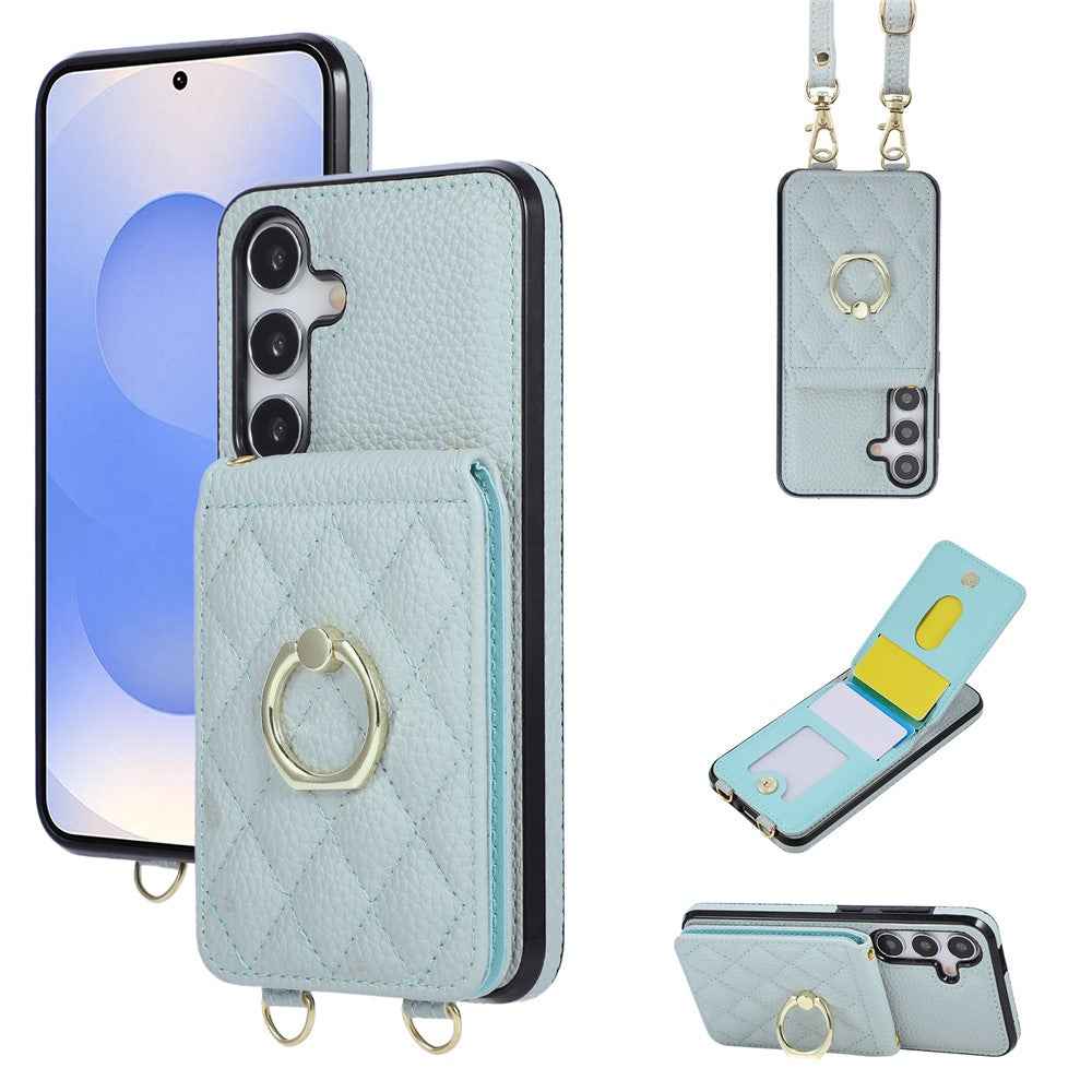 For Samsung Galaxy A57 5G Case Vertical Flip PU Leather TPU PC Phone Cover with Ring Holder and Shoulder Strap - Blue