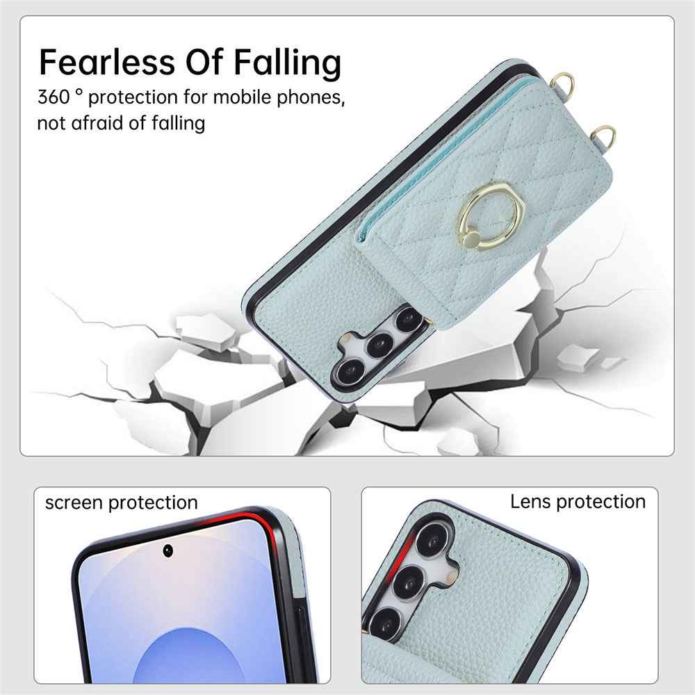 For Samsung Galaxy A57 5G Case Vertical Flip PU Leather TPU PC Phone Cover with Ring Holder and Shoulder Strap - Blue