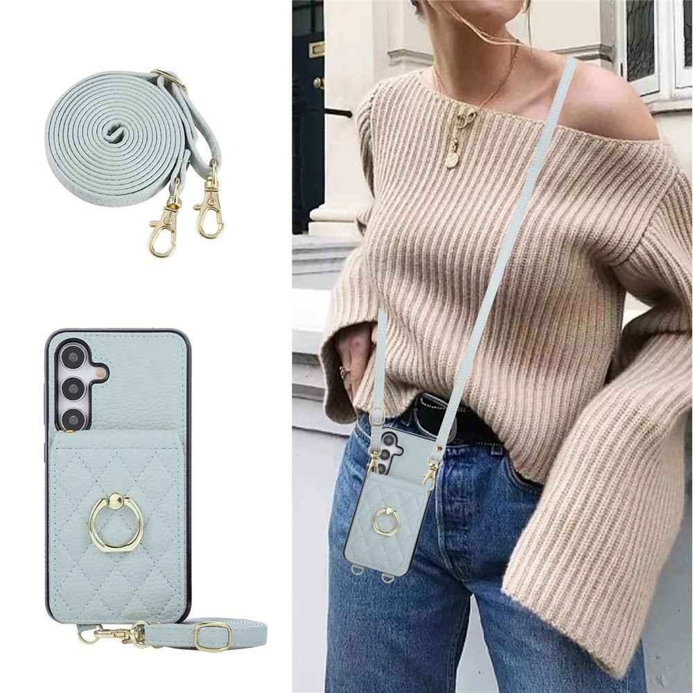 For Samsung Galaxy A57 5G Case Vertical Flip PU Leather TPU PC Phone Cover with Ring Holder and Shoulder Strap - Blue