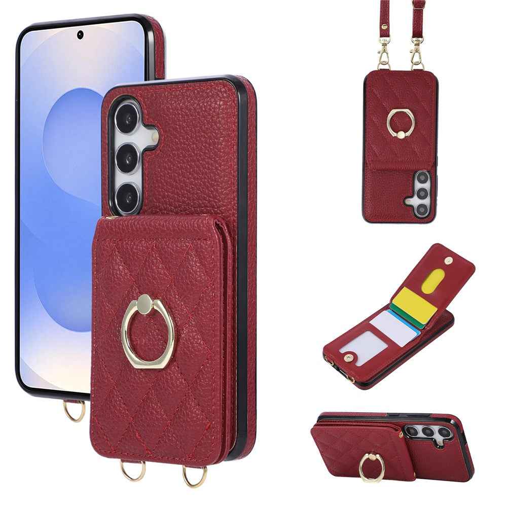 For Samsung Galaxy A57 5G Case Vertical Flip PU Leather TPU PC Phone Cover with Ring Holder and Shoulder Strap - Red