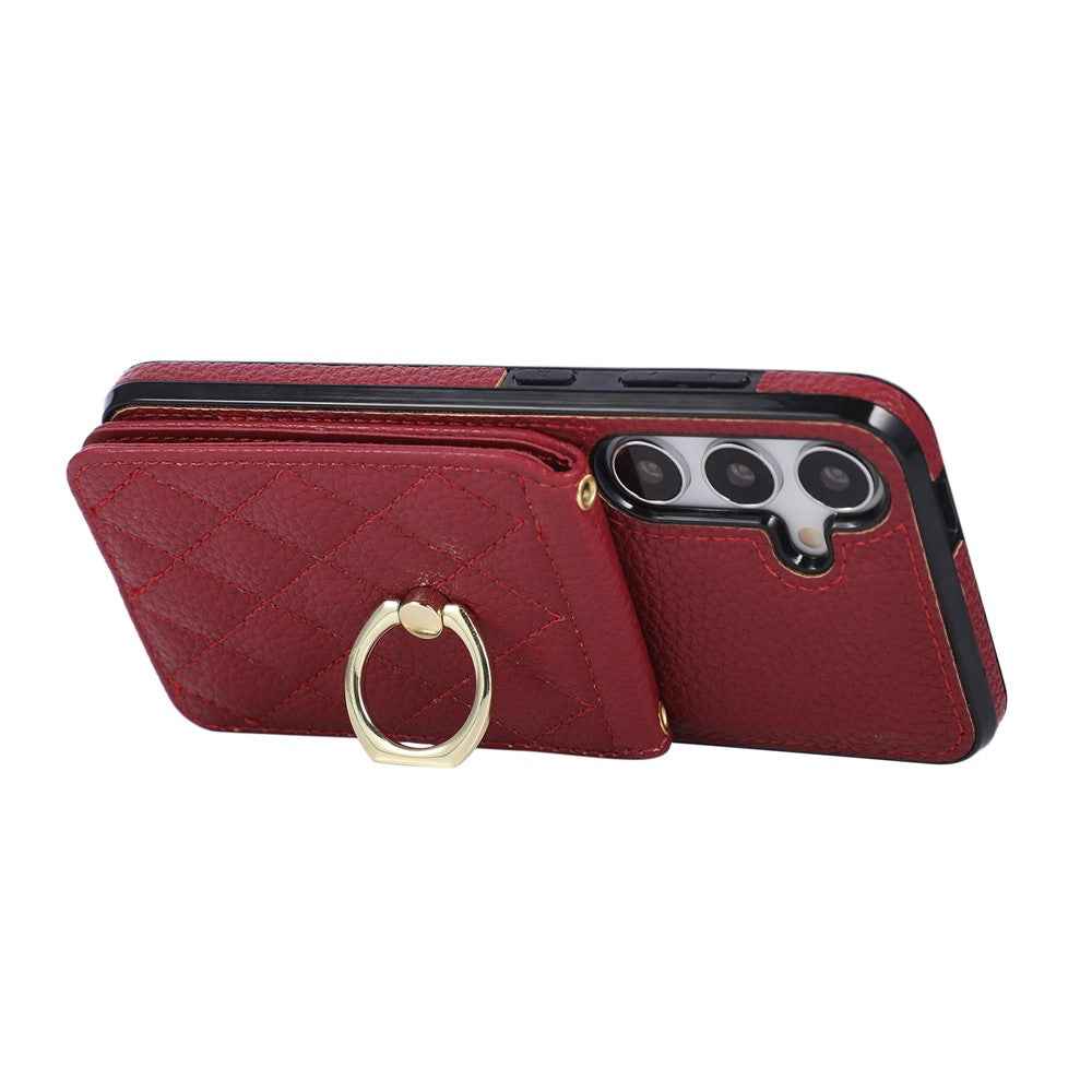 For Samsung Galaxy A57 5G Case Vertical Flip PU Leather TPU PC Phone Cover with Ring Holder and Shoulder Strap - Red