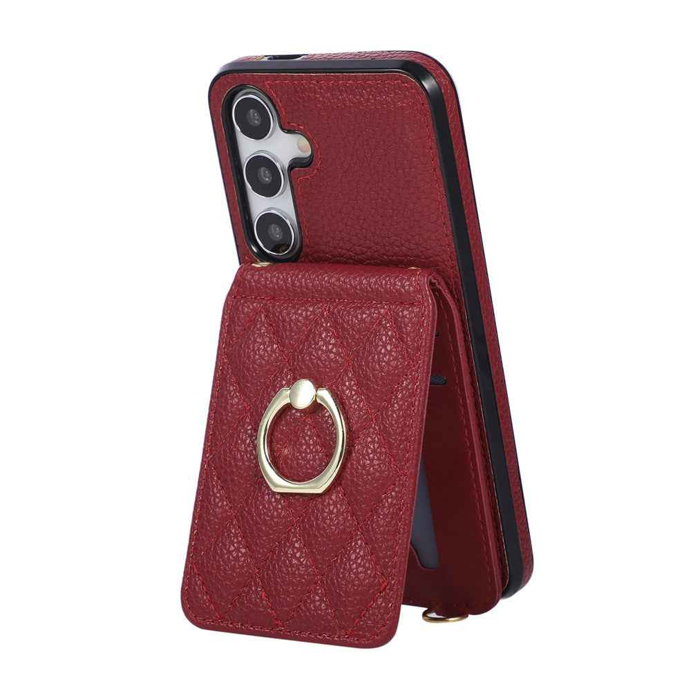 For Samsung Galaxy A57 5G Case Vertical Flip PU Leather TPU PC Phone Cover with Ring Holder and Shoulder Strap - Red