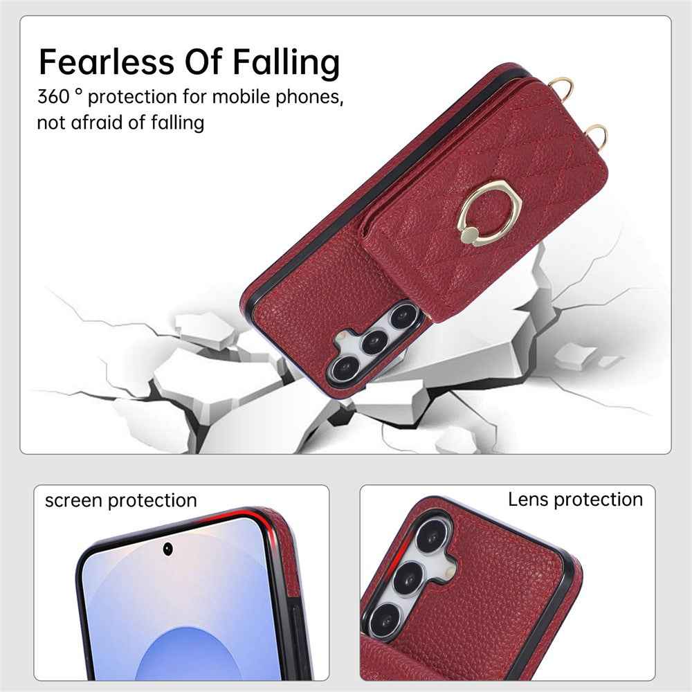 For Samsung Galaxy A57 5G Case Vertical Flip PU Leather TPU PC Phone Cover with Ring Holder and Shoulder Strap - Red