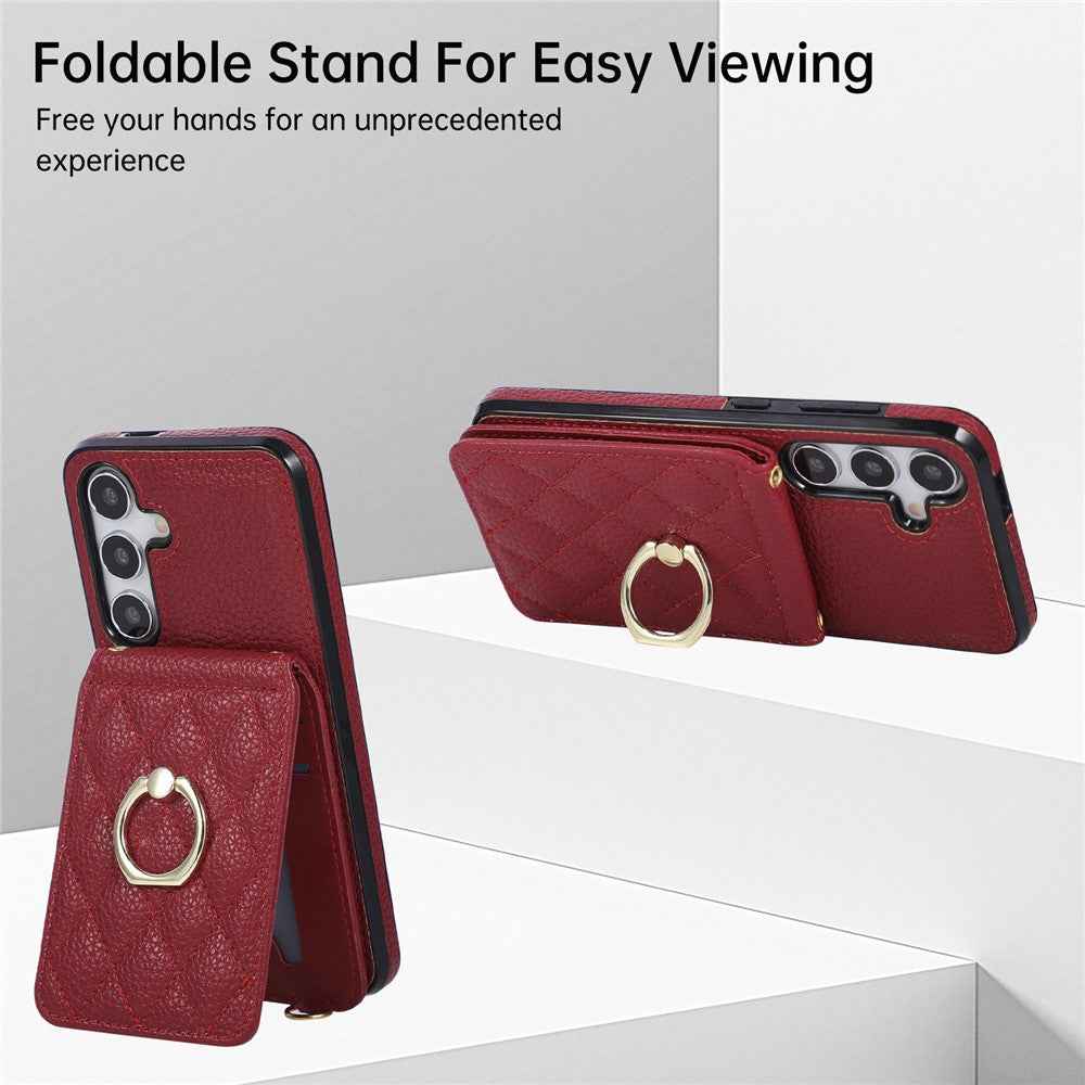 For Samsung Galaxy A57 5G Case Vertical Flip PU Leather TPU PC Phone Cover with Ring Holder and Shoulder Strap - Red
