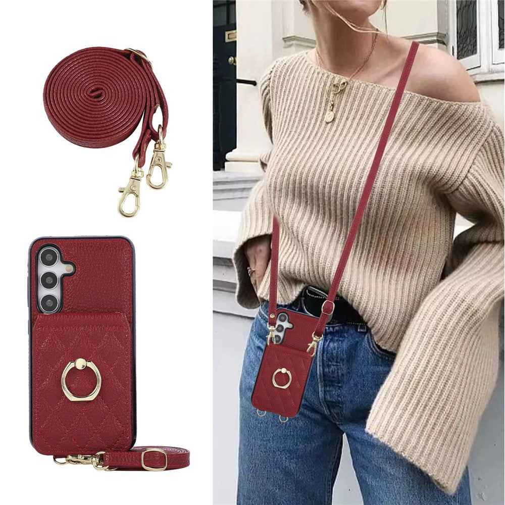 For Samsung Galaxy A57 5G Case Vertical Flip PU Leather TPU PC Phone Cover with Ring Holder and Shoulder Strap - Red