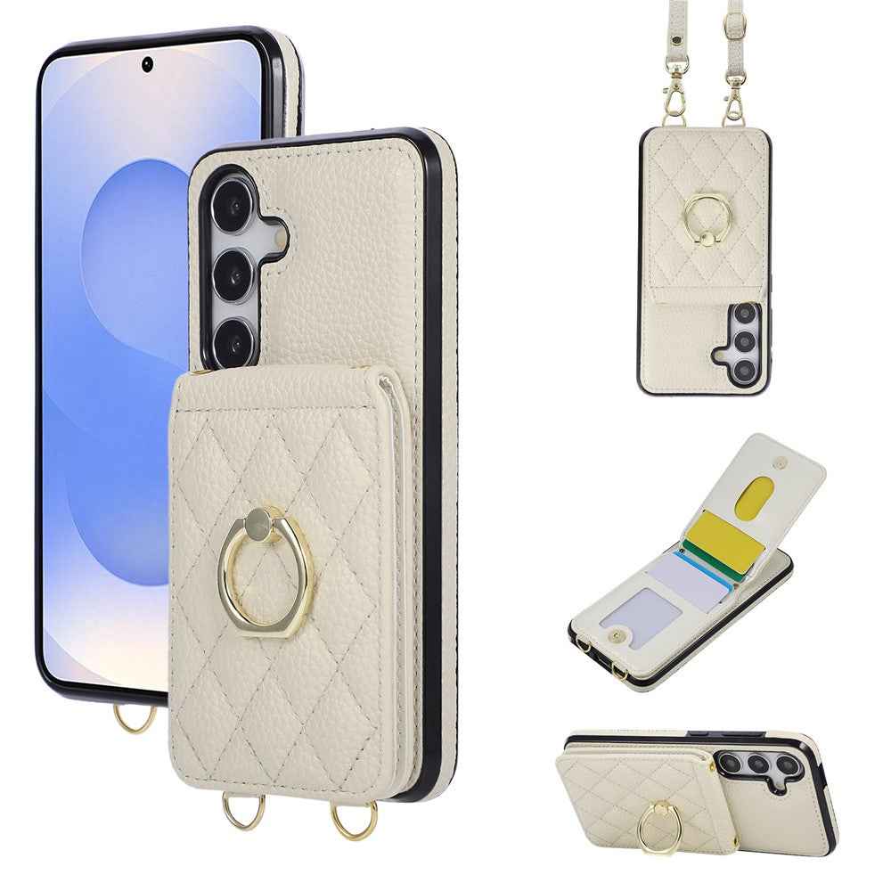 For Samsung Galaxy A57 5G Case Vertical Flip PU Leather TPU PC Phone Cover with Ring Holder and Shoulder Strap - Beige
