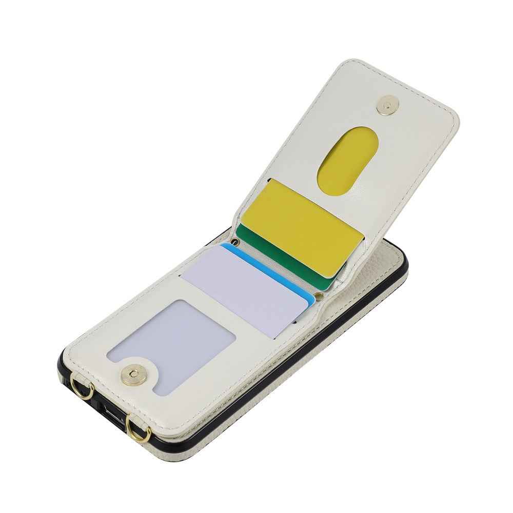 For Samsung Galaxy A57 5G Case Vertical Flip PU Leather TPU PC Phone Cover with Ring Holder and Shoulder Strap - Beige