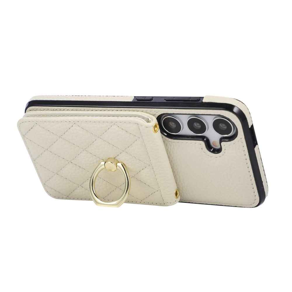 For Samsung Galaxy A57 5G Case Vertical Flip PU Leather TPU PC Phone Cover with Ring Holder and Shoulder Strap - Beige