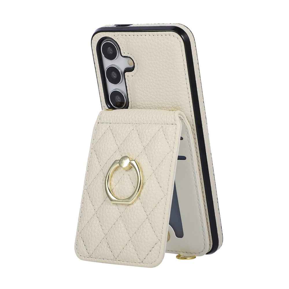 For Samsung Galaxy A57 5G Case Vertical Flip PU Leather TPU PC Phone Cover with Ring Holder and Shoulder Strap - Beige