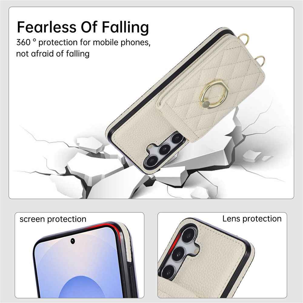 For Samsung Galaxy A57 5G Case Vertical Flip PU Leather TPU PC Phone Cover with Ring Holder and Shoulder Strap - Beige