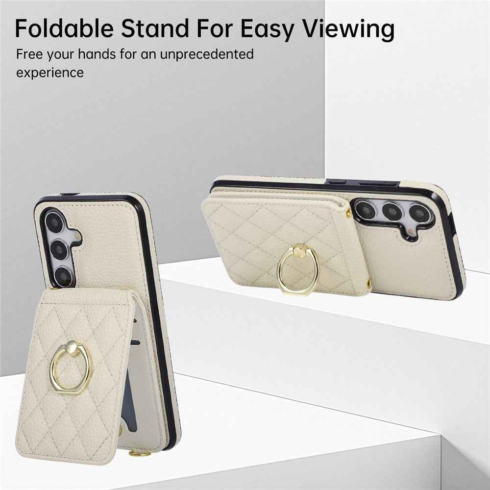For Samsung Galaxy A57 5G Case Vertical Flip PU Leather TPU PC Phone Cover with Ring Holder and Shoulder Strap - Beige