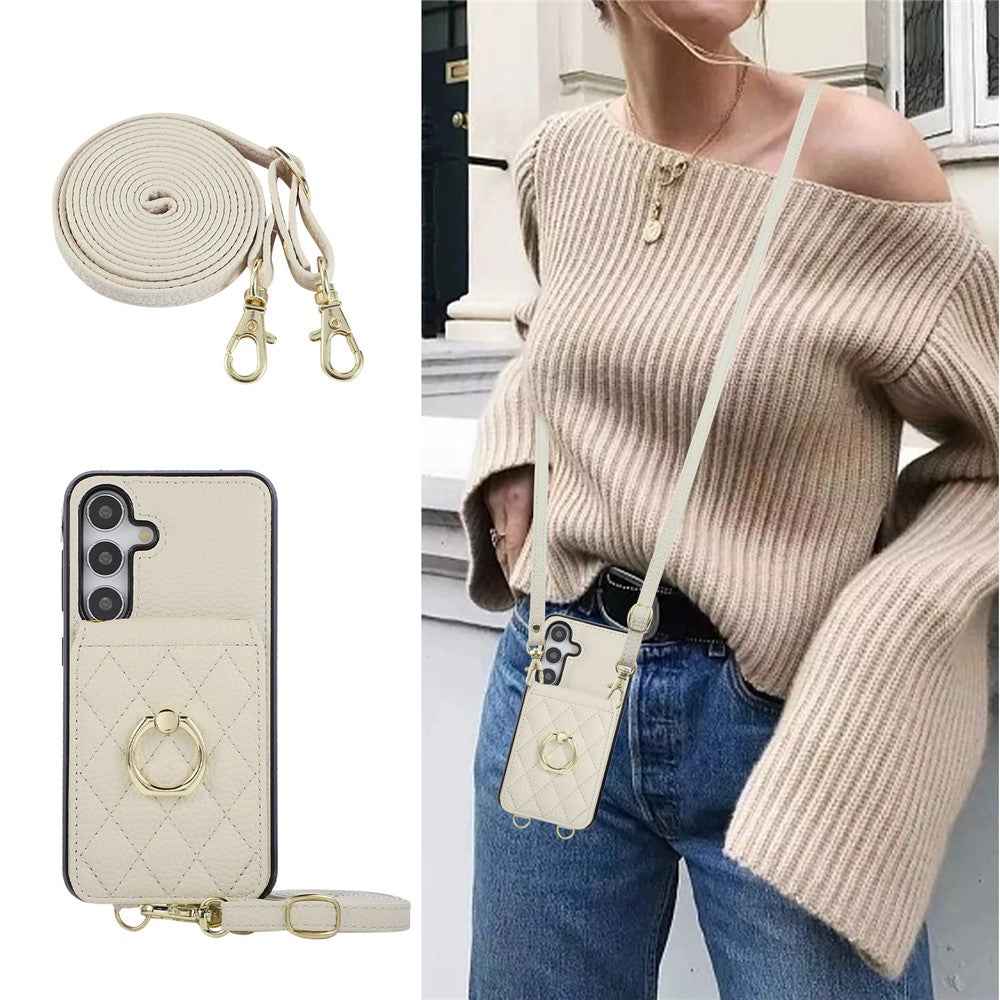 For Samsung Galaxy A57 5G Case Vertical Flip PU Leather TPU PC Phone Cover with Ring Holder and Shoulder Strap - Beige