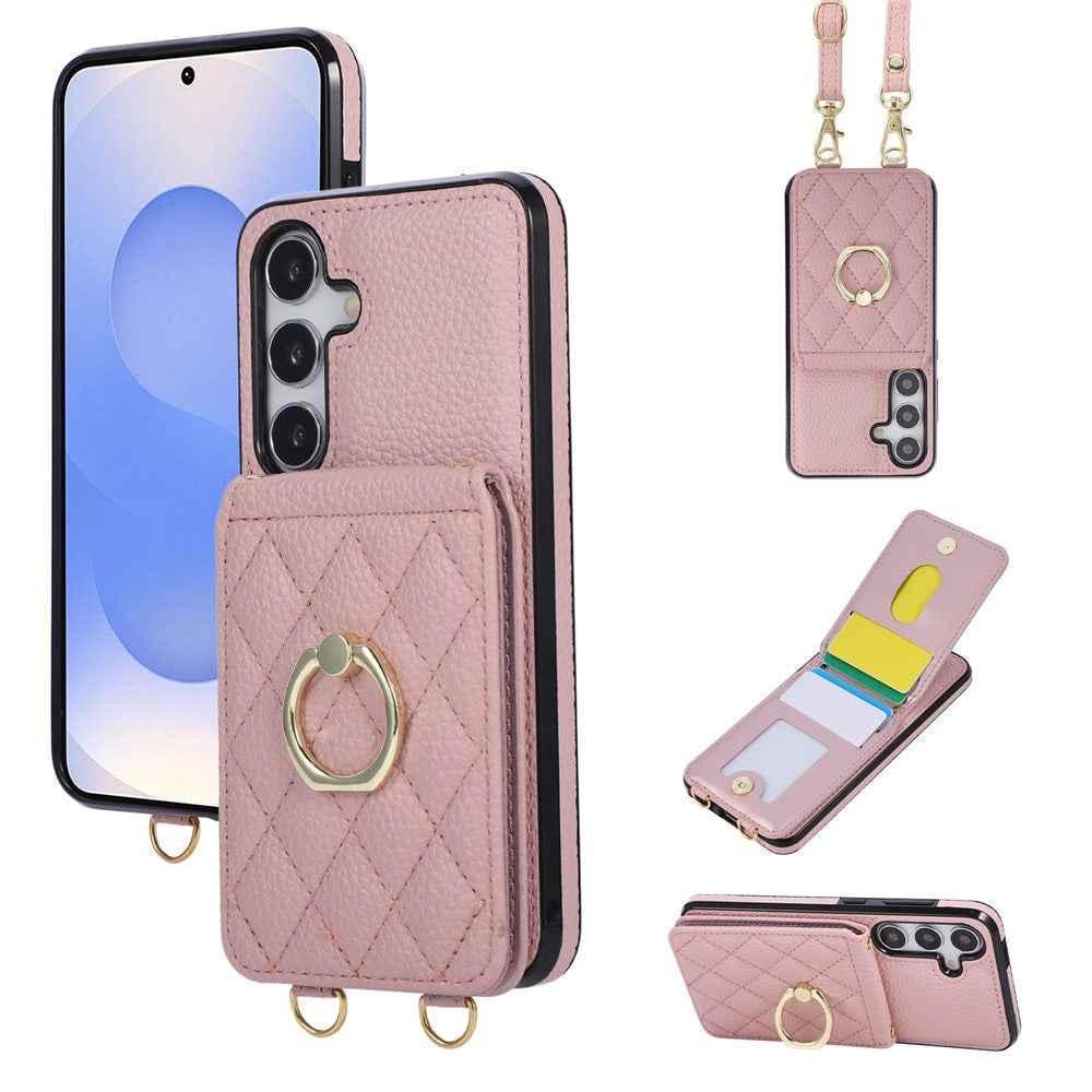 For Samsung Galaxy A57 5G Case Vertical Flip PU Leather TPU PC Phone Cover with Ring Holder and Shoulder Strap - Pink