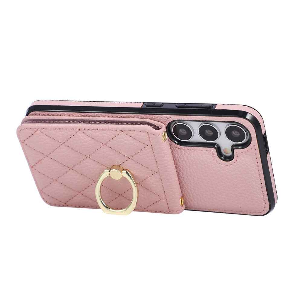 For Samsung Galaxy A57 5G Case Vertical Flip PU Leather TPU PC Phone Cover with Ring Holder and Shoulder Strap - Pink