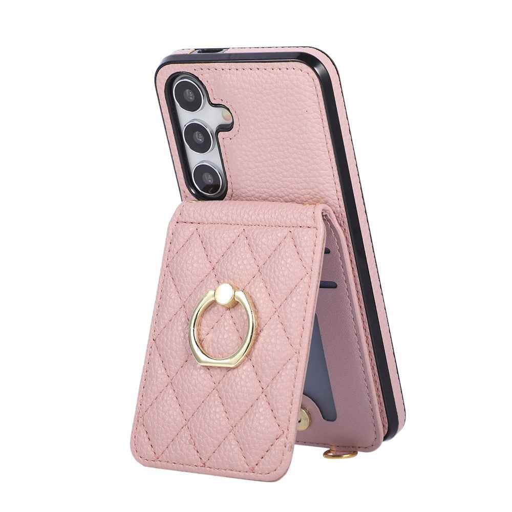 For Samsung Galaxy A57 5G Case Vertical Flip PU Leather TPU PC Phone Cover with Ring Holder and Shoulder Strap - Pink