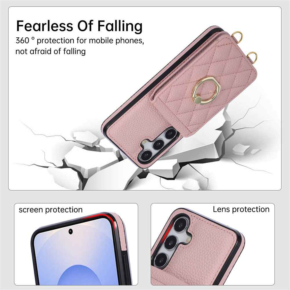 For Samsung Galaxy A57 5G Case Vertical Flip PU Leather TPU PC Phone Cover with Ring Holder and Shoulder Strap - Pink