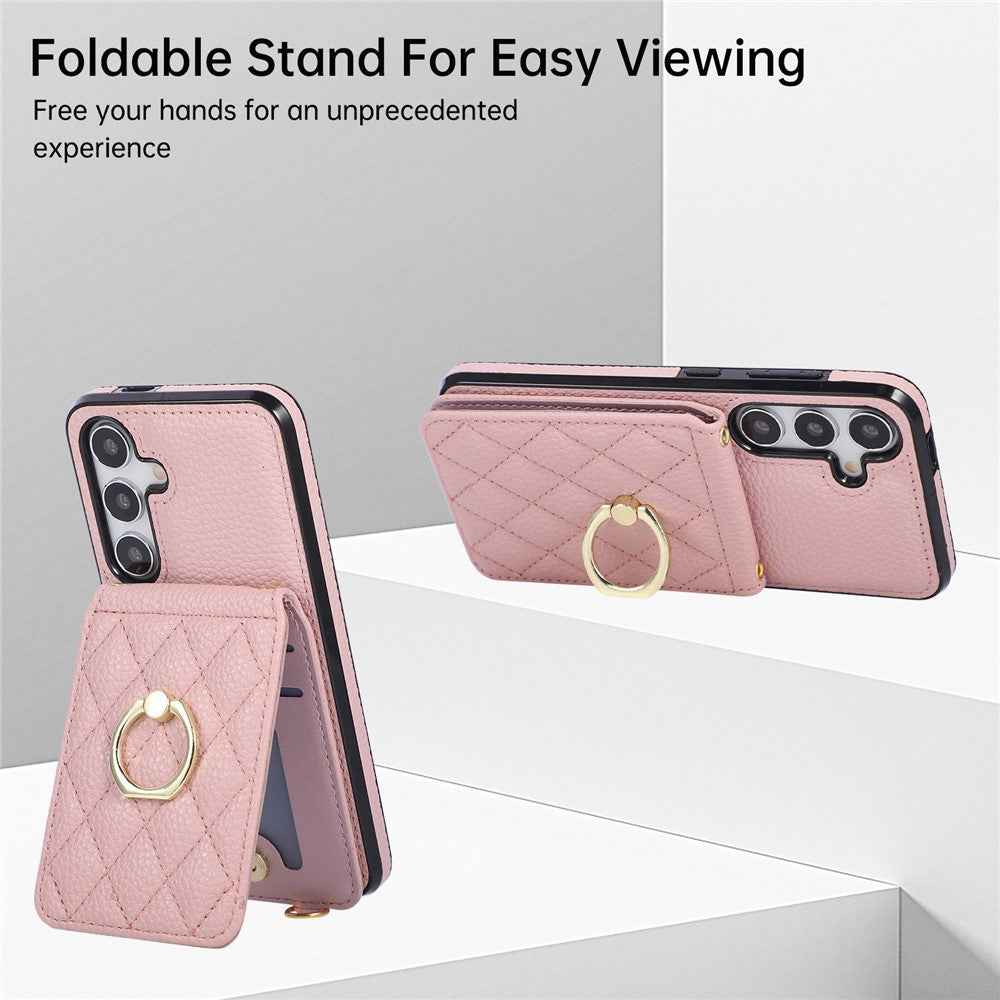 For Samsung Galaxy A57 5G Case Vertical Flip PU Leather TPU PC Phone Cover with Ring Holder and Shoulder Strap - Pink