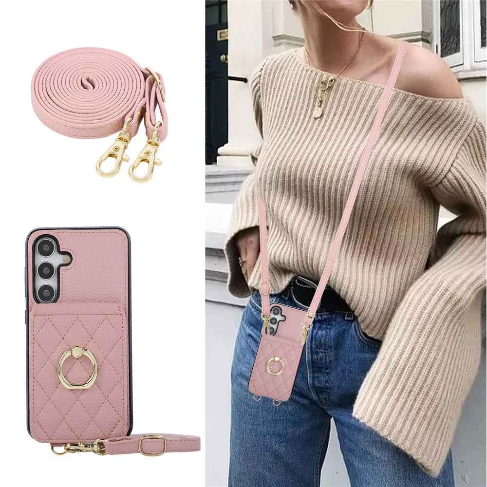 For Samsung Galaxy A57 5G Case Vertical Flip PU Leather TPU PC Phone Cover with Ring Holder and Shoulder Strap - Pink