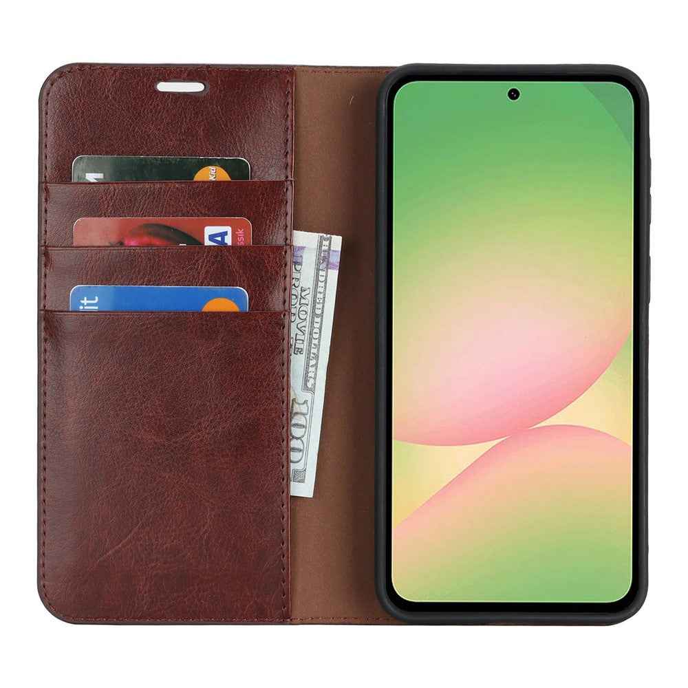 For Samsung Galaxy A57 5G Case Crazy Horse Texture Split Leather Wallet Phone Cover - Dark Brown