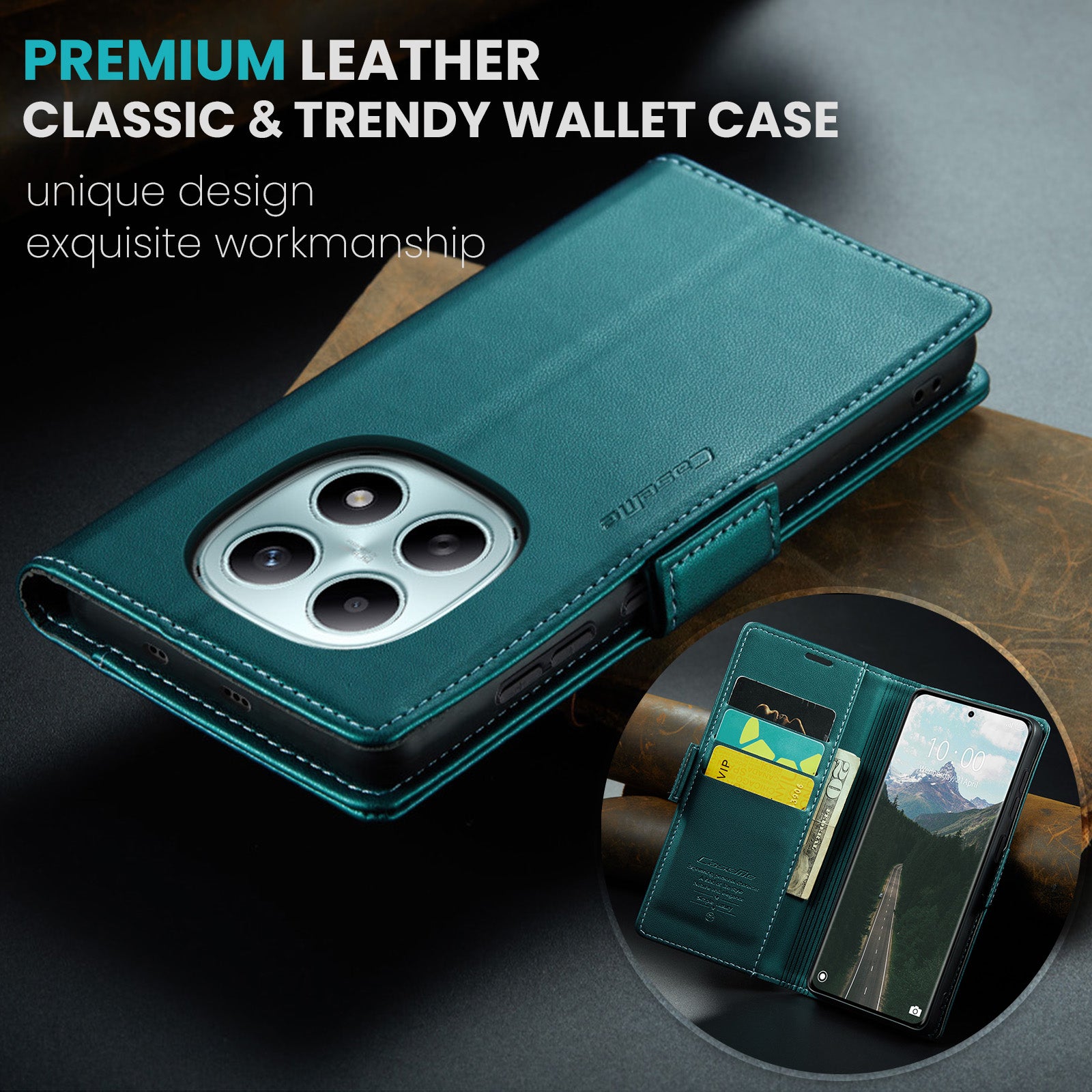 For Xiaomi Redmi Note 15 5G (Global) / Xiaomi Poco M8 5G / Xiaomi Redmi Note 15 4G (Global) Case CASEME 023 Series RFID Blocking Wallet Stand Glossy Litchi Texture Leather Phone Cover - Green