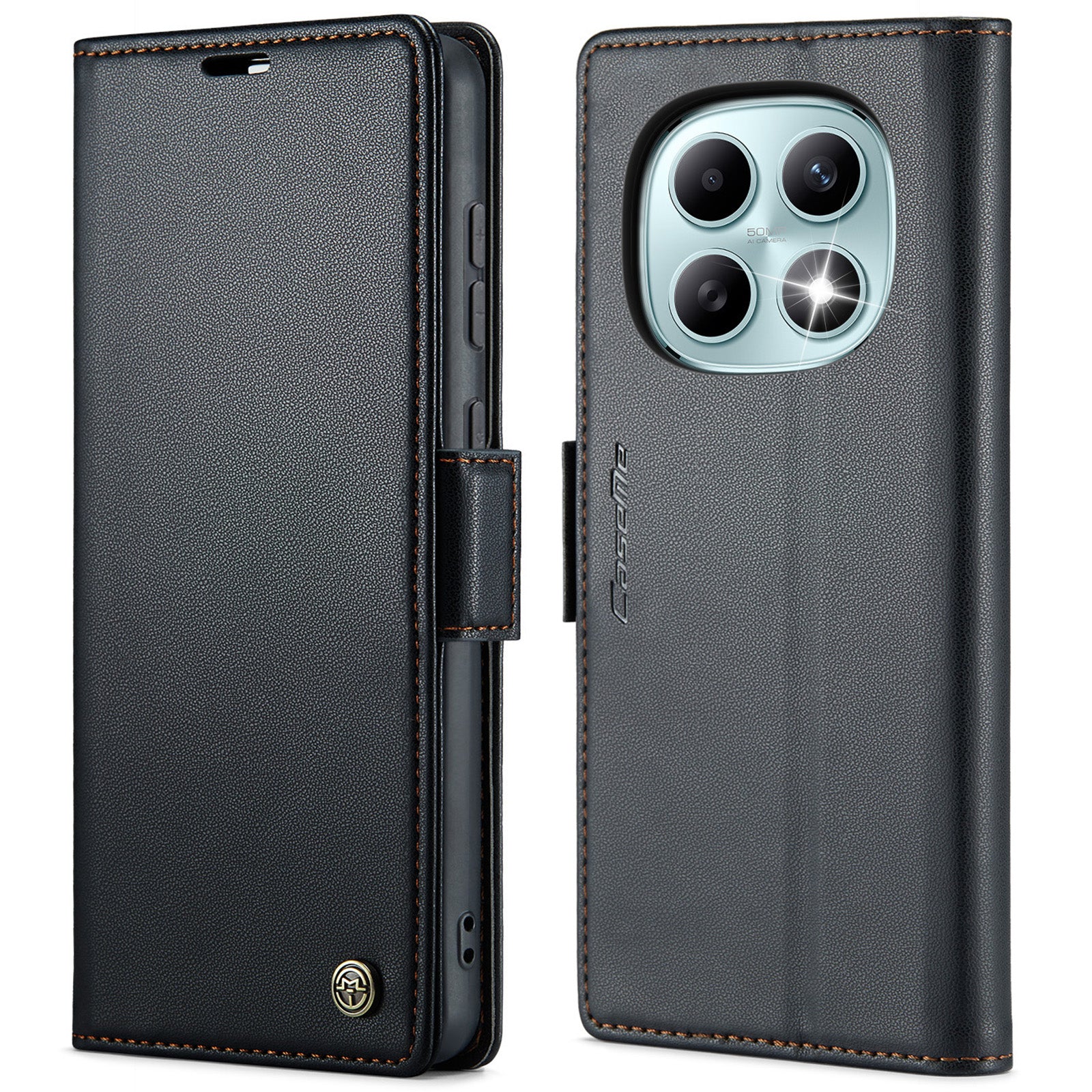 For Xiaomi Redmi Note 15 5G (Global) / Xiaomi Poco M8 5G / Xiaomi Redmi Note 15 4G (Global) Case CASEME 023 Series RFID Blocking Wallet Stand Glossy Litchi Texture Leather Phone Cover - Black