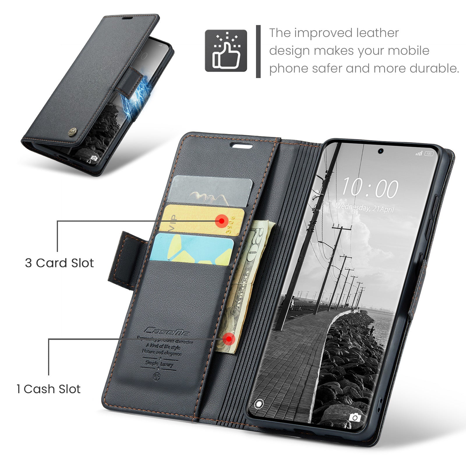 For Xiaomi Redmi Note 15 5G (Global) / Xiaomi Poco M8 5G / Xiaomi Redmi Note 15 4G (Global) Case CASEME 023 Series RFID Blocking Wallet Stand Glossy Litchi Texture Leather Phone Cover - Black