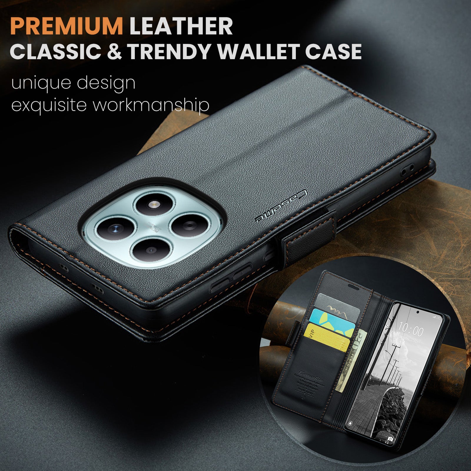 For Xiaomi Redmi Note 15 5G (Global) / Xiaomi Poco M8 5G / Xiaomi Redmi Note 15 4G (Global) Case CASEME 023 Series RFID Blocking Wallet Stand Glossy Litchi Texture Leather Phone Cover - Black
