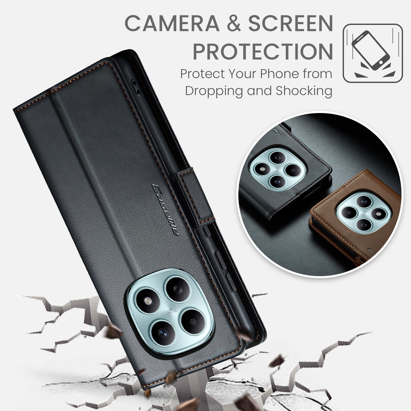 For Xiaomi Redmi Note 15 5G (Global) / Xiaomi Poco M8 5G / Xiaomi Redmi Note 15 4G (Global) Case CASEME 023 Series RFID Blocking Wallet Stand Glossy Litchi Texture Leather Phone Cover - Black