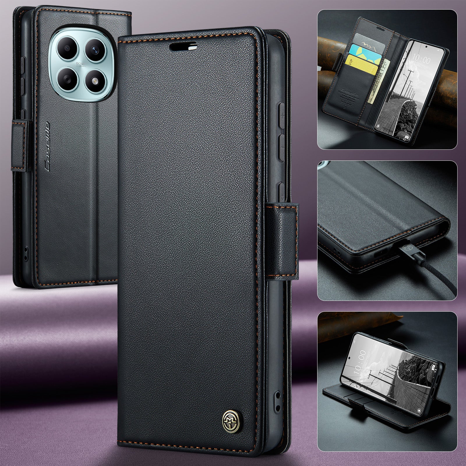 For Xiaomi Redmi Note 15 5G (Global) / Xiaomi Poco M8 5G / Xiaomi Redmi Note 15 4G (Global) Case CASEME 023 Series RFID Blocking Wallet Stand Glossy Litchi Texture Leather Phone Cover - Black