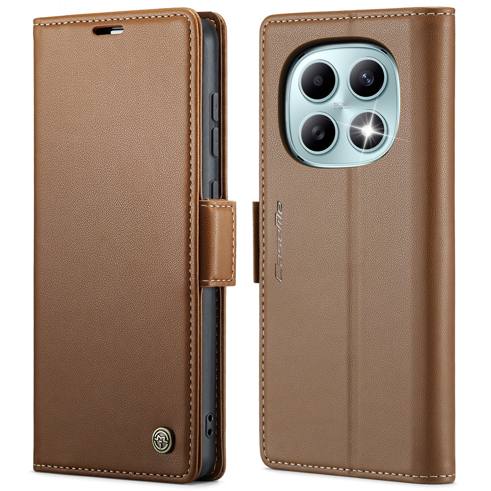 For Xiaomi Redmi Note 15 5G (Global) / Xiaomi Poco M8 5G / Xiaomi Redmi Note 15 4G (Global) Case CASEME 023 Series RFID Blocking Wallet Stand Glossy Litchi Texture Leather Phone Cover - Brown