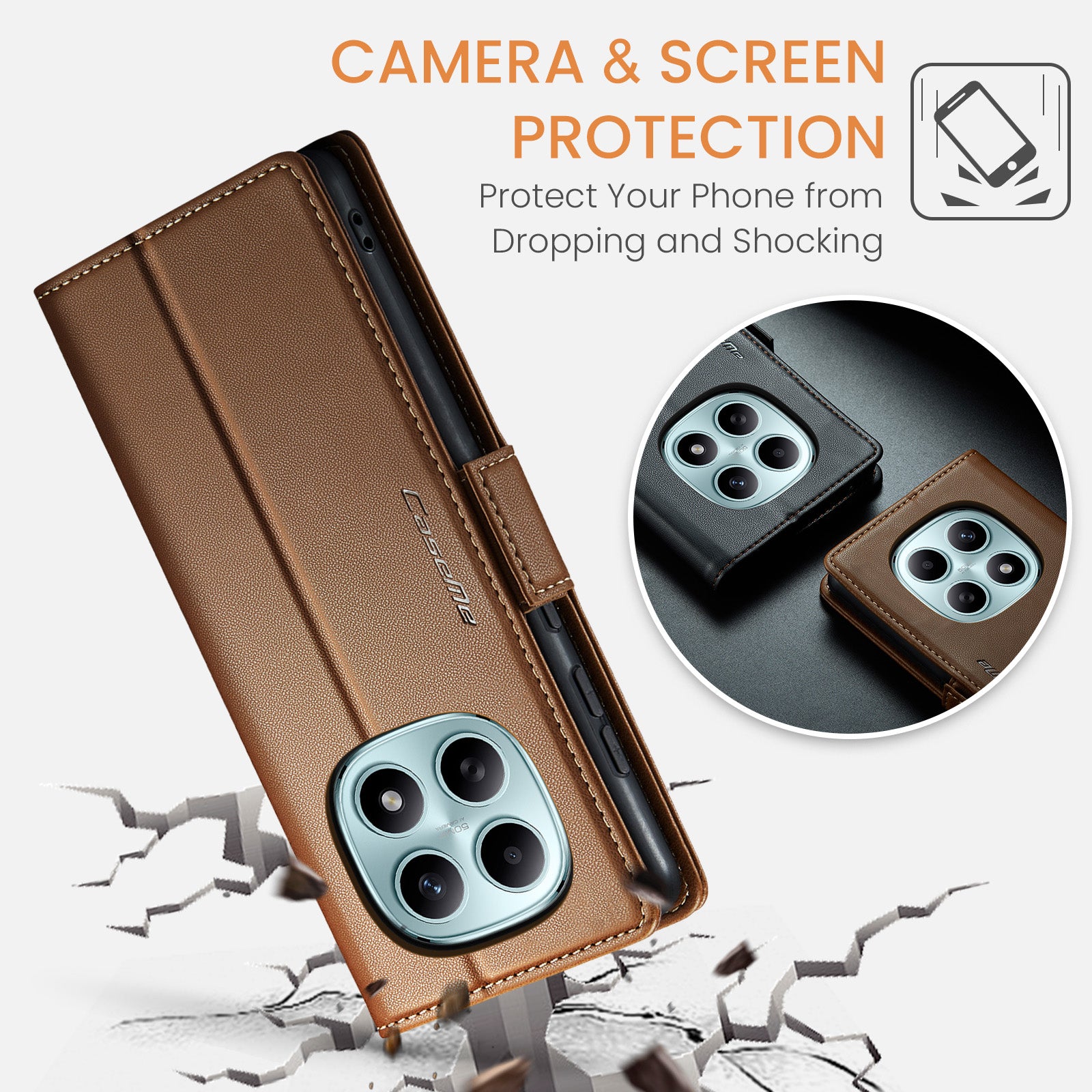 For Xiaomi Redmi Note 15 5G (Global) / Xiaomi Poco M8 5G / Xiaomi Redmi Note 15 4G (Global) Case CASEME 023 Series RFID Blocking Wallet Stand Glossy Litchi Texture Leather Phone Cover - Brown