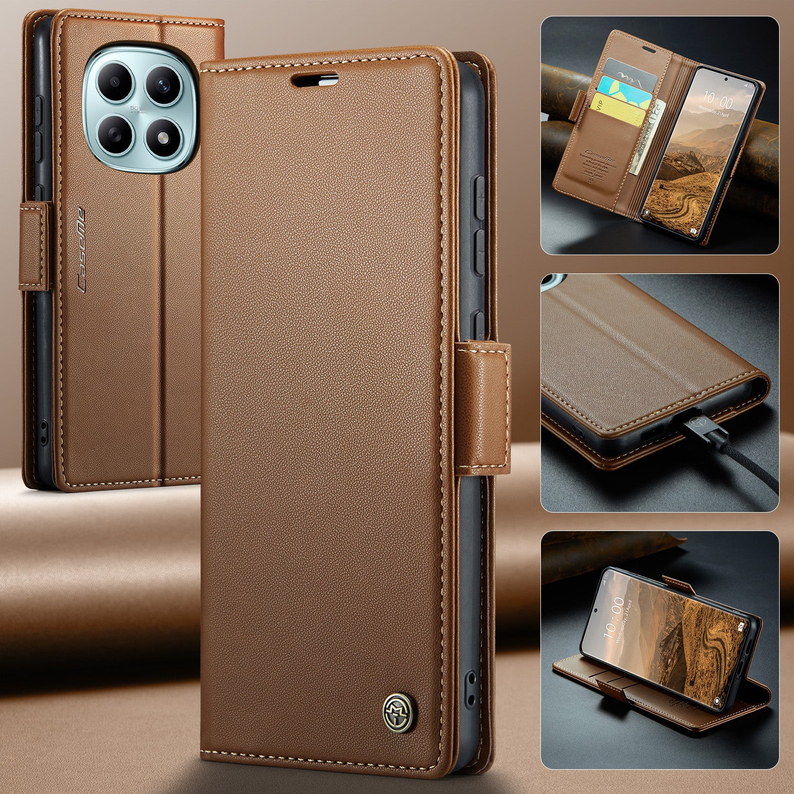 For Xiaomi Redmi Note 15 5G (Global) / Xiaomi Poco M8 5G / Xiaomi Redmi Note 15 4G (Global) Case CASEME 023 Series RFID Blocking Wallet Stand Glossy Litchi Texture Leather Phone Cover - Brown