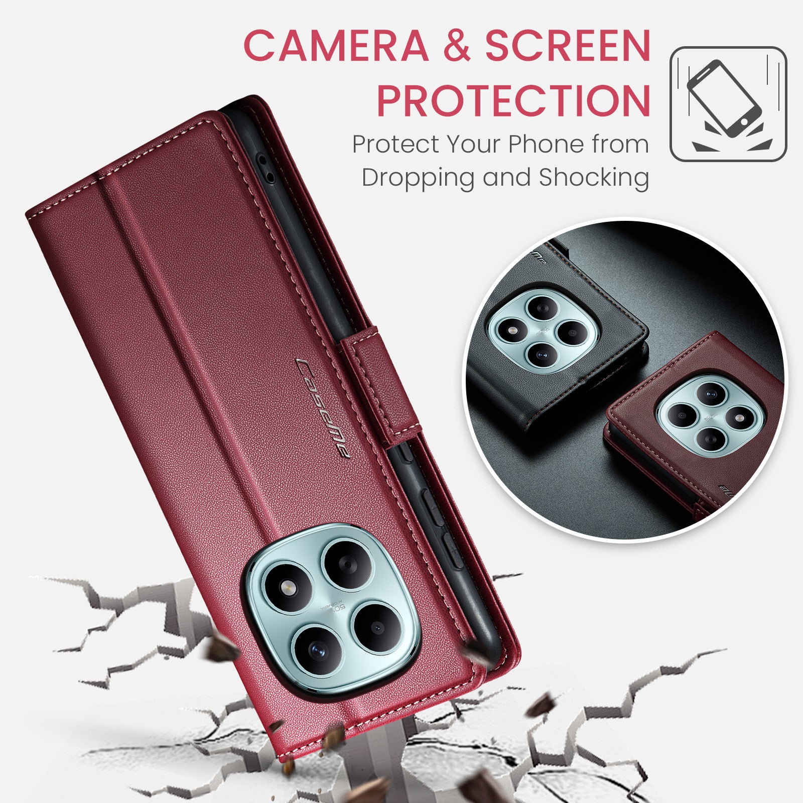 For Xiaomi Redmi Note 15 5G (Global) / Xiaomi Poco M8 5G / Xiaomi Redmi Note 15 4G (Global) Case CASEME 023 Series RFID Blocking Wallet Stand Glossy Litchi Texture Leather Phone Cover - Red