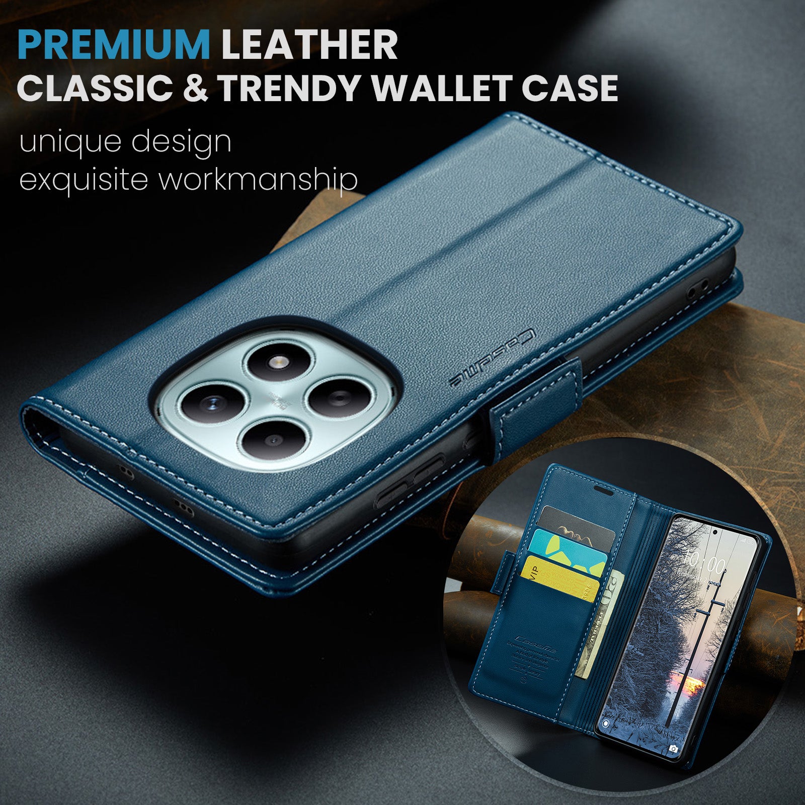 For Xiaomi Redmi Note 15 5G (Global) / Xiaomi Poco M8 5G / Xiaomi Redmi Note 15 4G (Global) Case CASEME 023 Series RFID Blocking Wallet Stand Glossy Litchi Texture Leather Phone Cover - Blue