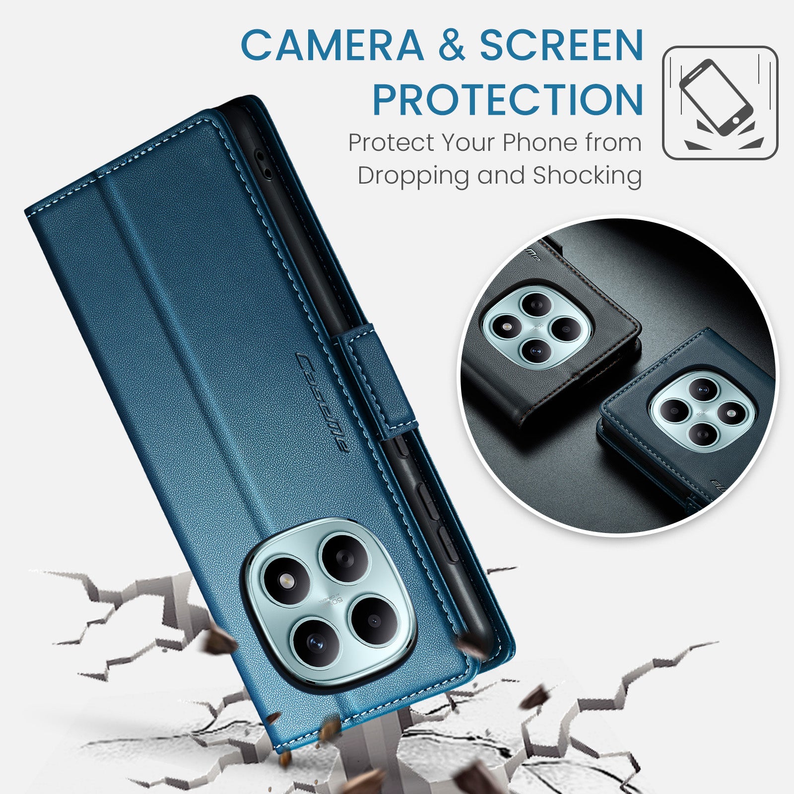 For Xiaomi Redmi Note 15 5G (Global) / Xiaomi Poco M8 5G / Xiaomi Redmi Note 15 4G (Global) Case CASEME 023 Series RFID Blocking Wallet Stand Glossy Litchi Texture Leather Phone Cover - Blue