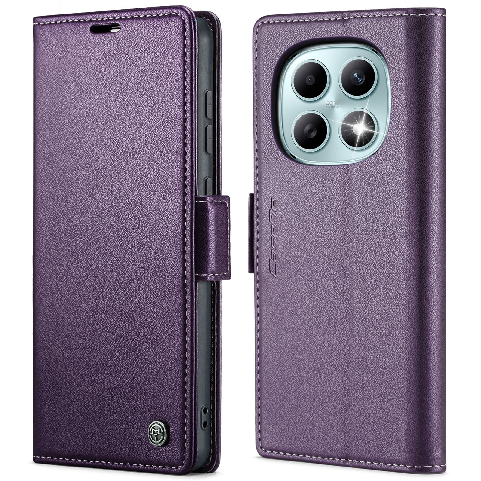 For Xiaomi Redmi Note 15 5G (Global) / Xiaomi Poco M8 5G / Xiaomi Redmi Note 15 4G (Global) Case CASEME 023 Series RFID Blocking Wallet Stand Glossy Litchi Texture Leather Phone Cover - Purple
