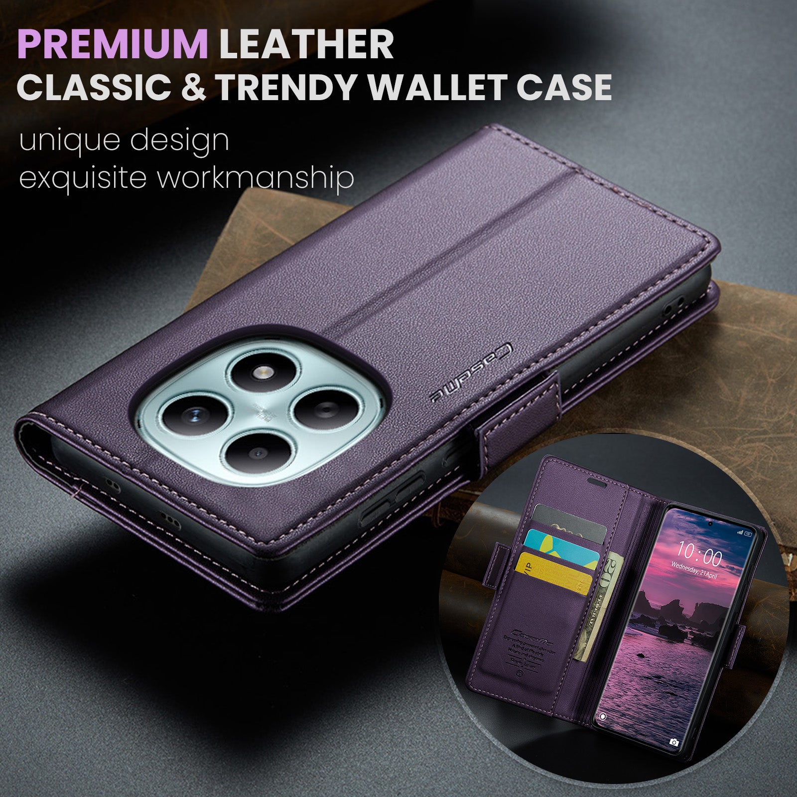 For Xiaomi Redmi Note 15 5G (Global) / Xiaomi Poco M8 5G / Xiaomi Redmi Note 15 4G (Global) Case CASEME 023 Series RFID Blocking Wallet Stand Glossy Litchi Texture Leather Phone Cover - Purple