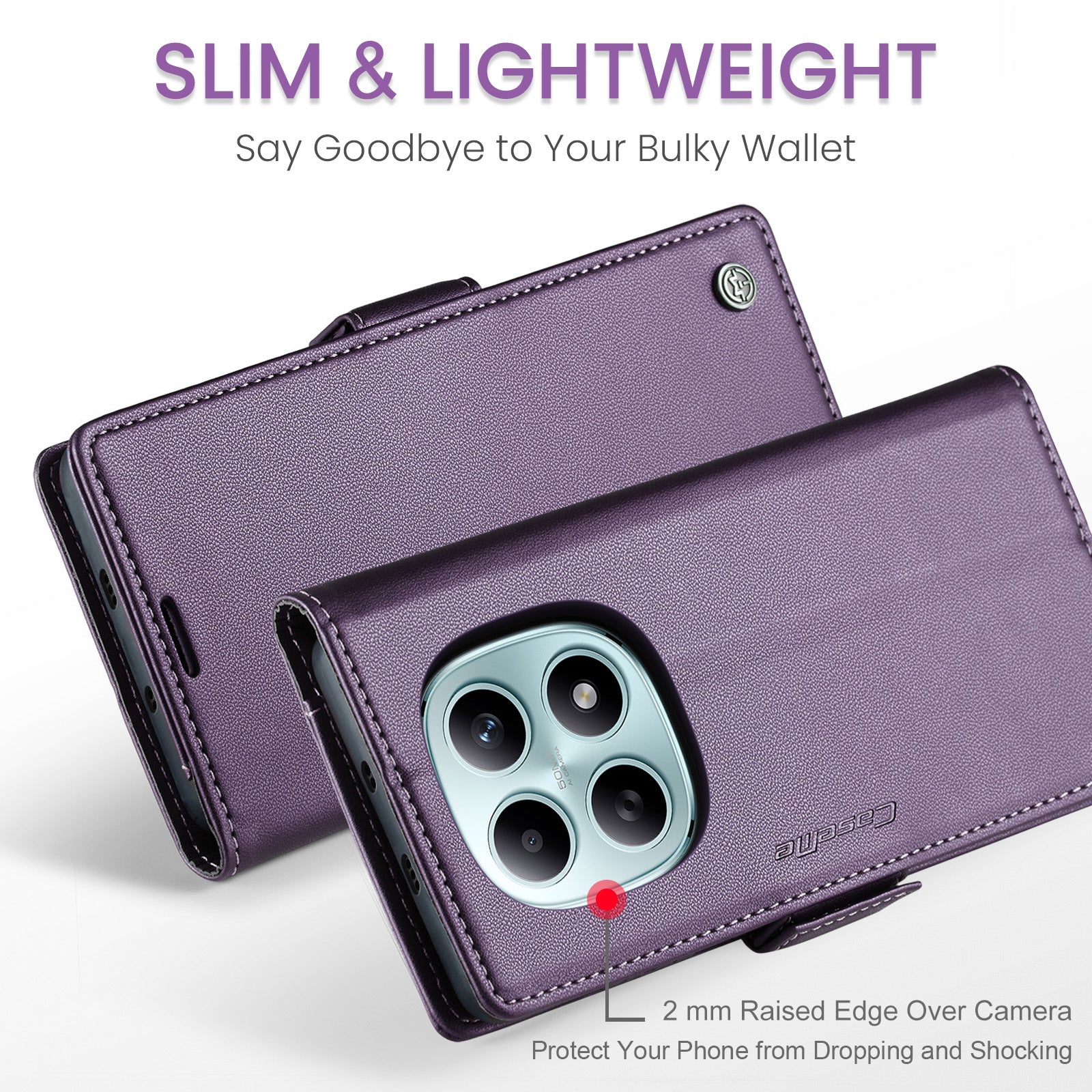 For Xiaomi Redmi Note 15 5G (Global) / Xiaomi Poco M8 5G / Xiaomi Redmi Note 15 4G (Global) Case CASEME 023 Series RFID Blocking Wallet Stand Glossy Litchi Texture Leather Phone Cover - Purple