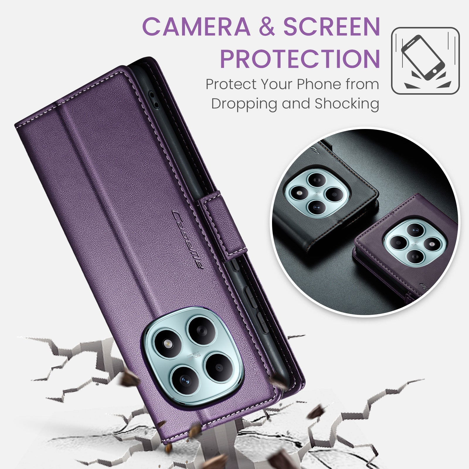 For Xiaomi Redmi Note 15 5G (Global) / Xiaomi Poco M8 5G / Xiaomi Redmi Note 15 4G (Global) Case CASEME 023 Series RFID Blocking Wallet Stand Glossy Litchi Texture Leather Phone Cover - Purple