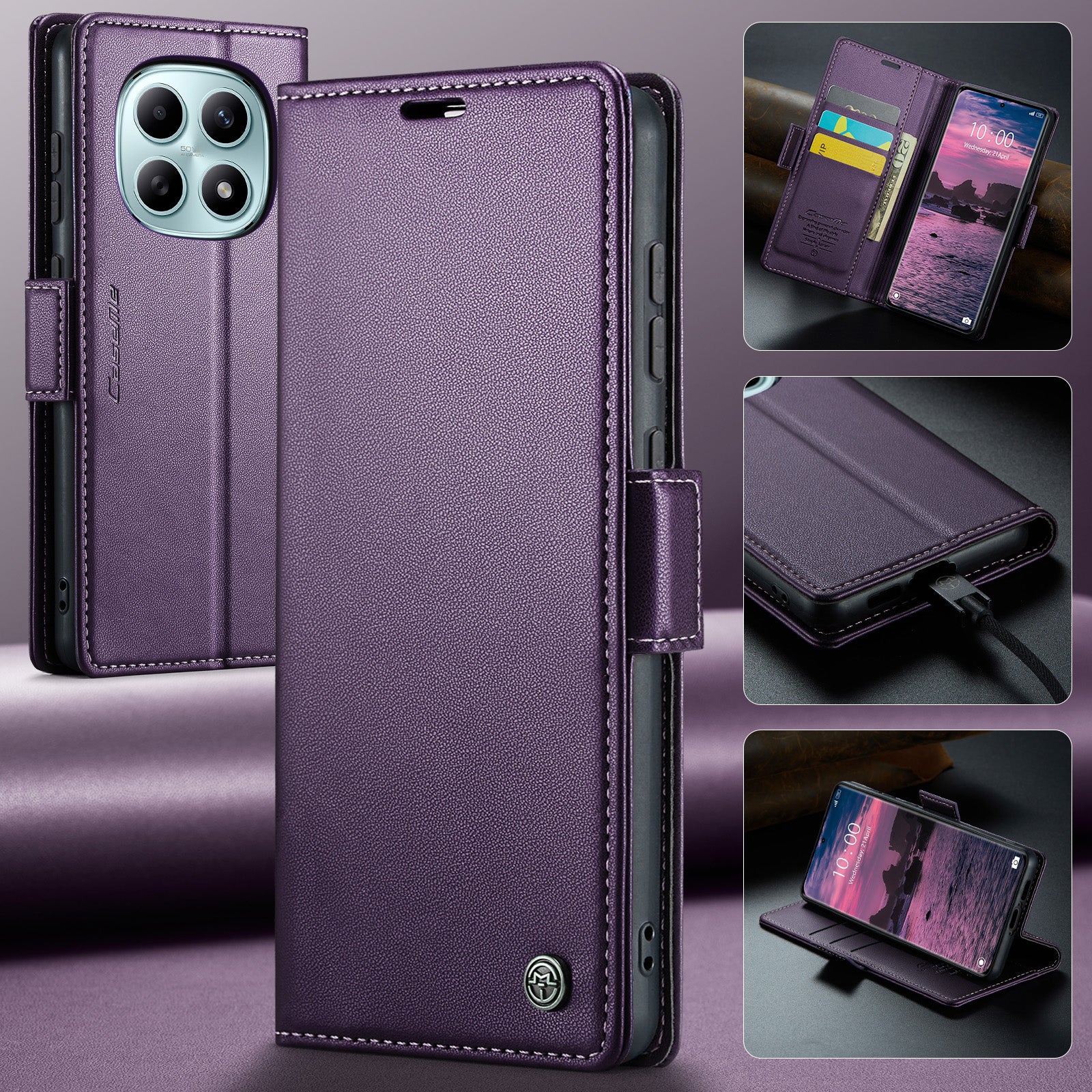 For Xiaomi Redmi Note 15 5G (Global) / Xiaomi Poco M8 5G / Xiaomi Redmi Note 15 4G (Global) Case CASEME 023 Series RFID Blocking Wallet Stand Glossy Litchi Texture Leather Phone Cover - Purple