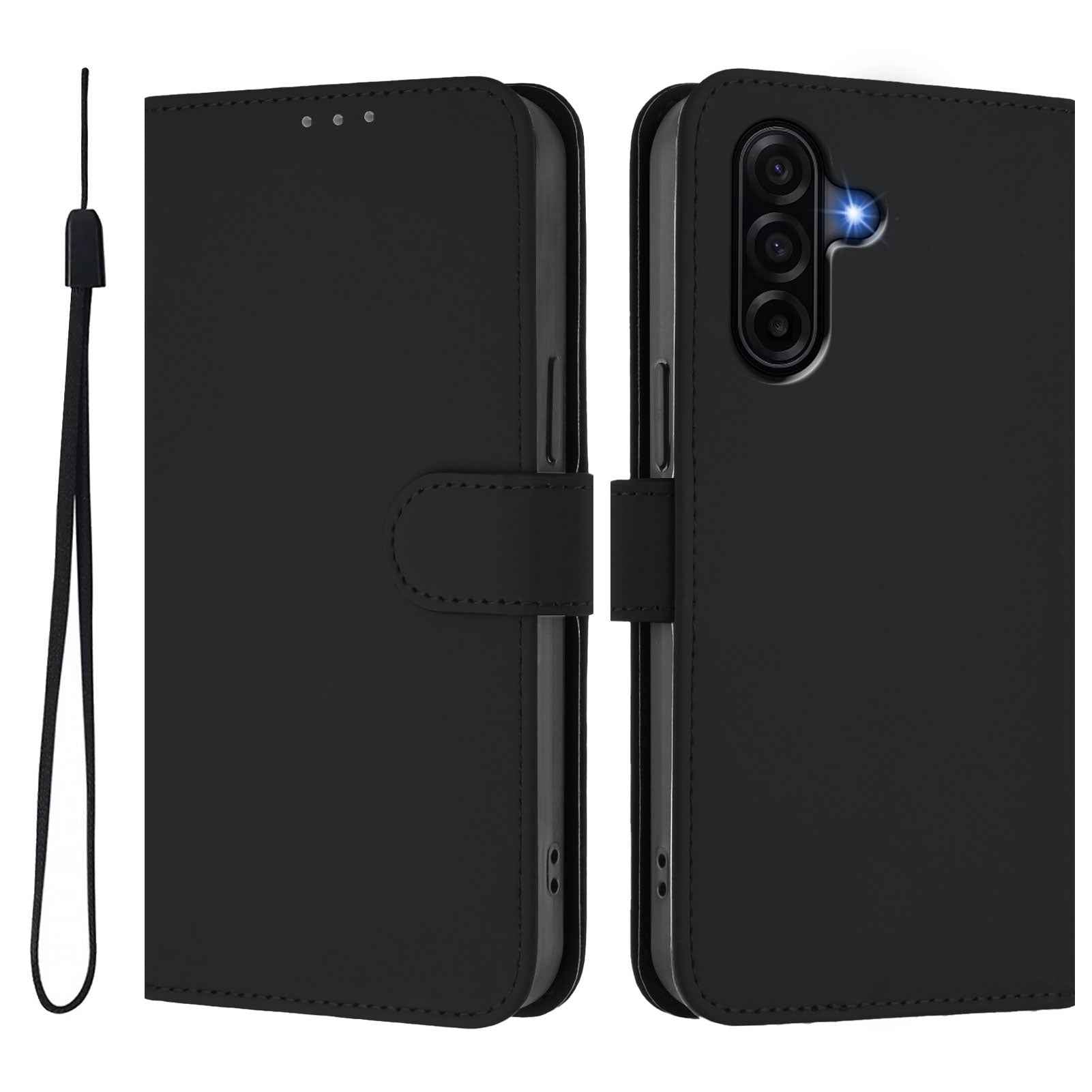For Samsung Galaxy A57 5G Case Solid Color Wallet Leather Phone Cover with Strap - Black