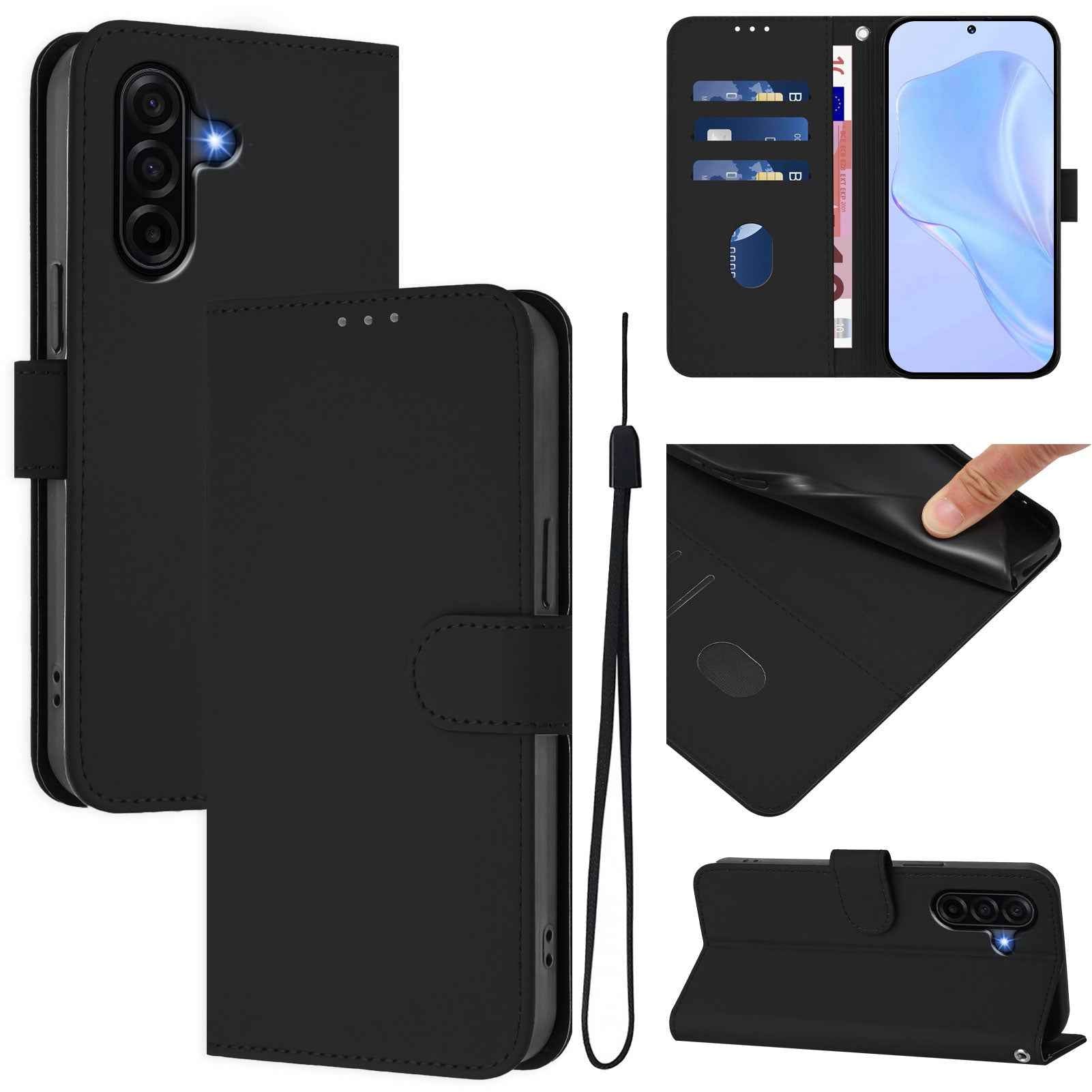 For Samsung Galaxy A57 5G Case Solid Color Wallet Leather Phone Cover with Strap - Black