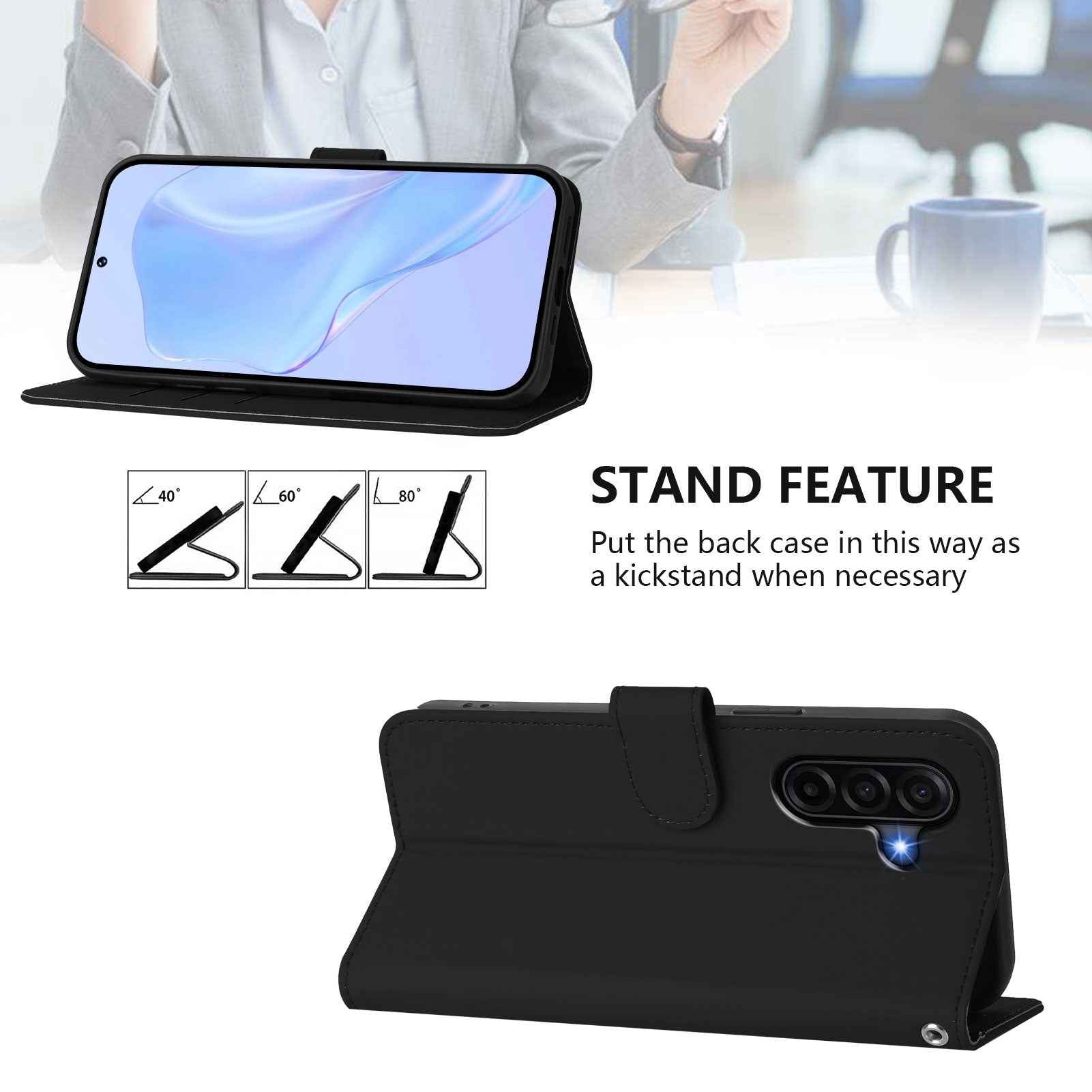 For Samsung Galaxy A57 5G Case Solid Color Wallet Leather Phone Cover with Strap - Black
